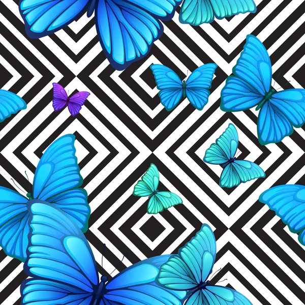 Patrón sin costura vectorial con mariposa azul, fondo geométrico blanco y negro — Vector de stock