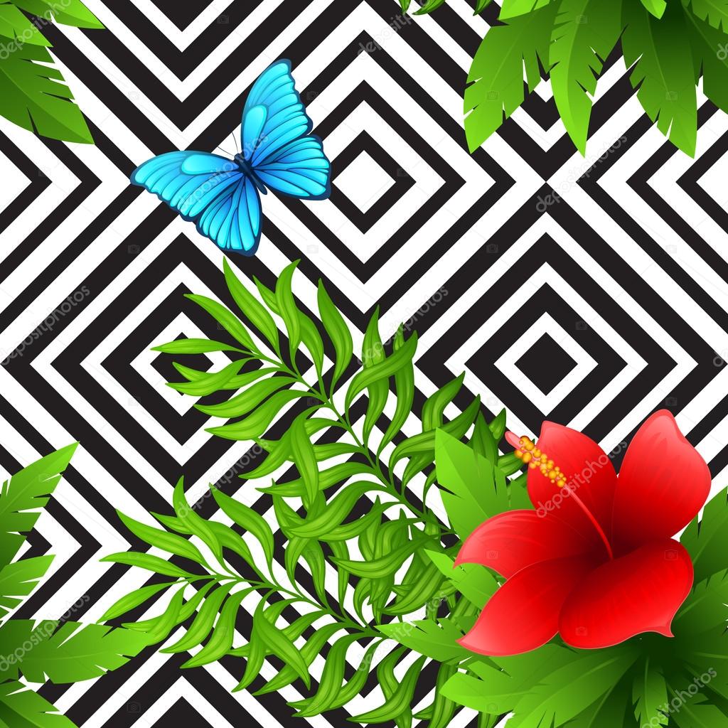 Vector hibiscus and palm leaves tropical pattern with blue butterfly, black and white geometric background