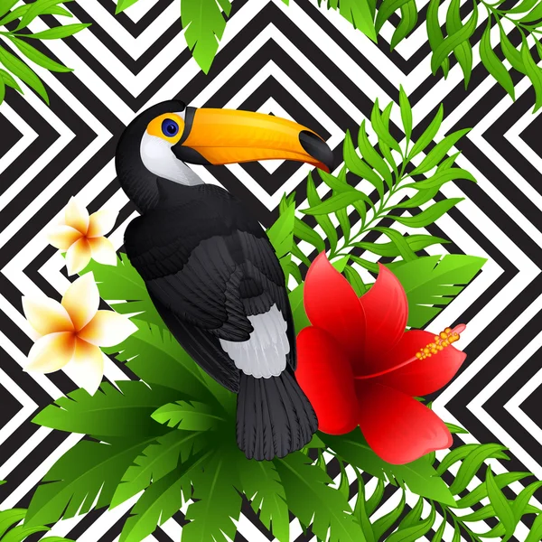 Patrón tropical vectorial con tucán e hibisco, flor de frangipani, hojas de palma, fondo geométrico blanco y negro — Vector de stock