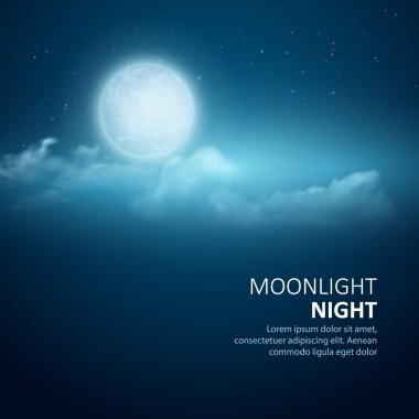 Night vector background, Moon, Clouds and shining Stars on dark blue sky clipart