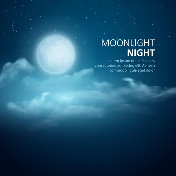 Night vector background, Moon, Clouds and shining Stars on dark blue sky — Stock Vector