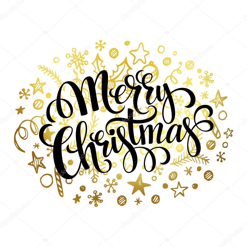 Merry Christmas lettering in golden doodle pattern