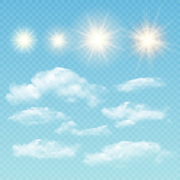 Criador do céu. Defina nuvens realistas e sol. Ilustração vetorial — Vetor de Stock