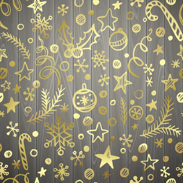 Christmas and New Year golden seamless pattern in wood background — Stock Vector