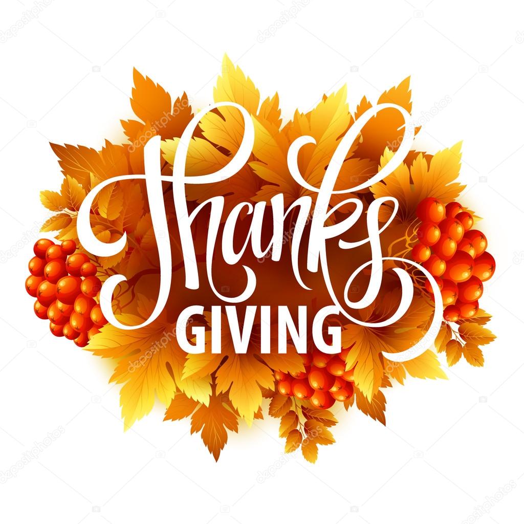 Happy Thanksgiving with text greeting and autumn leaves . Vector illustration