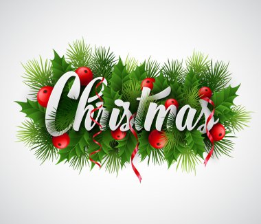 Yazıt Noel çam dalları ve holly ile. Vektör çizim