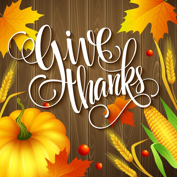Kézzel rajzolt Hálaadás üdvözlés kártya-val levelek, a sütőtök és a spica a fa háttér. Vektoros illusztráció — Stock Vector