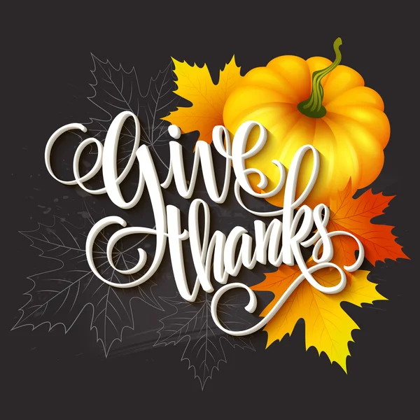 Hand getrokken thanksgiving wenskaart met bladeren, pompoen en spica. Vectorillustratie — Stockvector