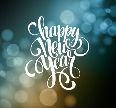 Yeni yıl, el yazısıyla yazılmış tipografi üzerinde arka plan bulanık. Vektör çizim