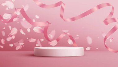 Yapraklar, kurdeleler ve kutlama romantizmi ve şenlik etkinlikleri için podyum arka planının yer aldığı yumuşak pembe bir vektör çizimi