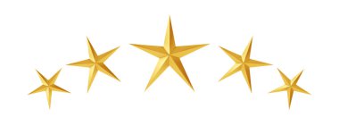 Beyaz zemin üzerinde sıralanmış parlak altın renkli beş yıldız simgeleri, markalaşma ve tasarım için şenlikli dekoratif semboller, vektör illüstrasyon arka planı