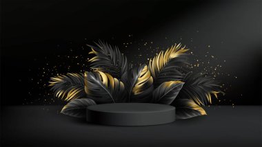 Karanlık bir sahnede, yuvarlak bir podyum ve ışıltılı benekleri olan zarif siyah ve altın yapraklı bir düzenleme.