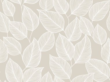 Doğal sakin dekor ve modern tasarım için narin beyaz yaprak ana hatları olan yumuşak bej arkaplan, arka plan ve desenler için uygun, vektör illüstrasyon arka planı