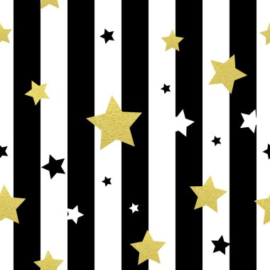 Siyah, beyaz ve altın yıldız Dikişsiz desen. Vektör çizim