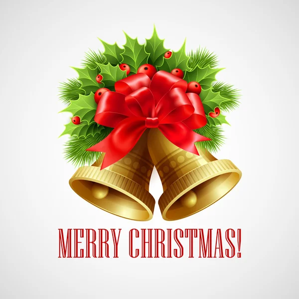 Decoración navideña con árboles siempreverdes, acebo y campanas. Ilustración vectorial — Vector de stock