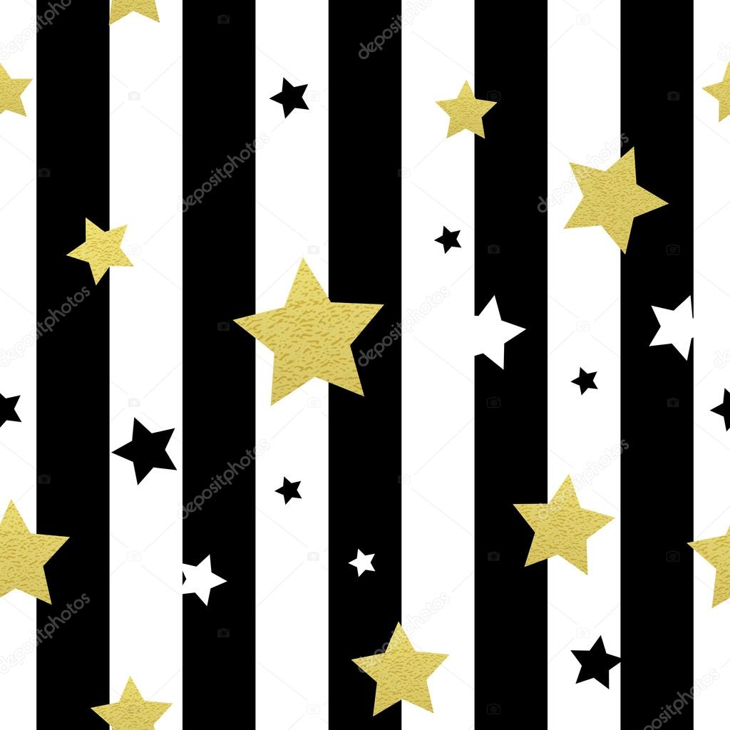 Black, white and gold stars seamless patterns. Vector illustration