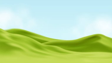 Yumuşak yeşil tepeler berrak mavi bir gökyüzünün altında yuvarlanarak huzurlu ve açık bir manzara yaratır..