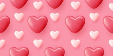 Beyaz, kırmızı ve pembe sembollü şirin 3D sevgililer günü arkaplanı. Modern romantik doku tebrik kartları, hediye paketi, kumaş baskıları veya dekoratif duvar kağıdı tasarımları için mükemmeldir..