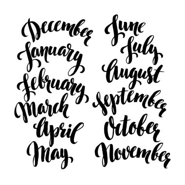 Handwritten months of the year. December, January, February, March, April, May, June, July, August, September, October, November. clipart