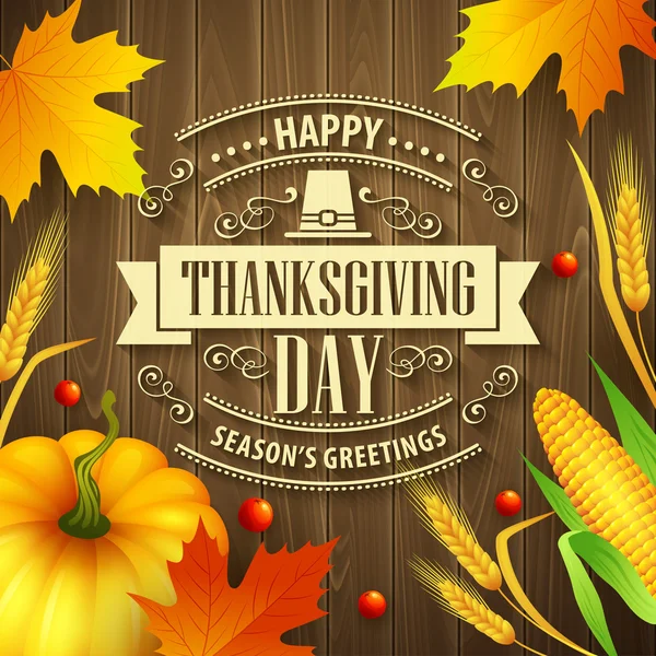 Hand getrokken thanksgiving wenskaart met bladeren, pompoen en spica op hout achtergrond. Vectorillustratie — Stockvector