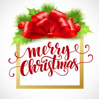 Holly ile neşeli Noel yazı kartı. Vektör çizim