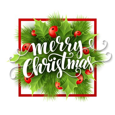 Holly ile neşeli Noel yazı kartı. Vektör çizim