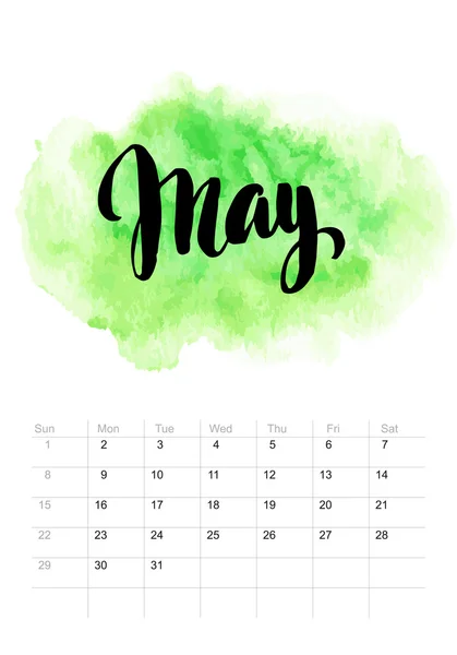 Kalender med vattenfärg måla 2016 design. Vektor illustration — Stock vektor