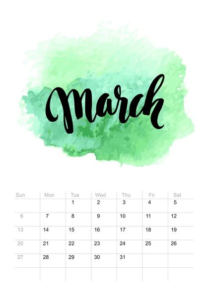 Calendario con pintura acuarela 2016 diseño. Ilustración vectorial — Vector de stock