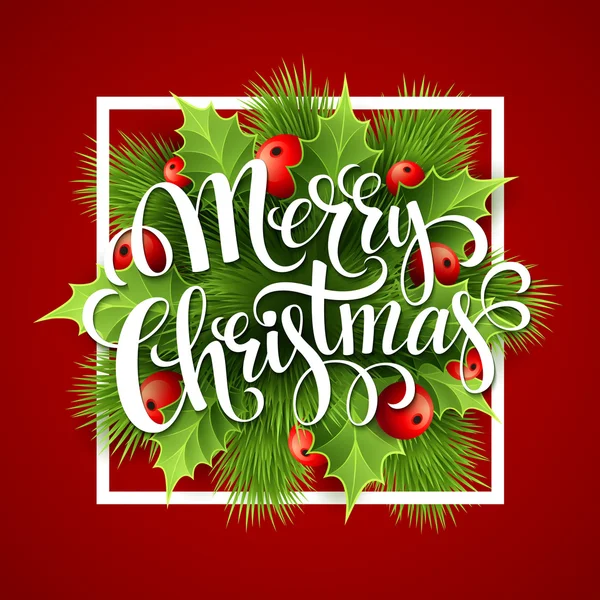 Merry Christmas belettering card met holly. Vectorillustratie — Stockvector