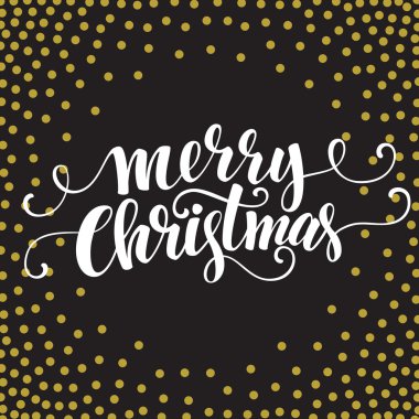 Elle çizilmiş tipografi kartı. Neşeli Noel selamlar altın glitter yazı ver. Vektör çizim.