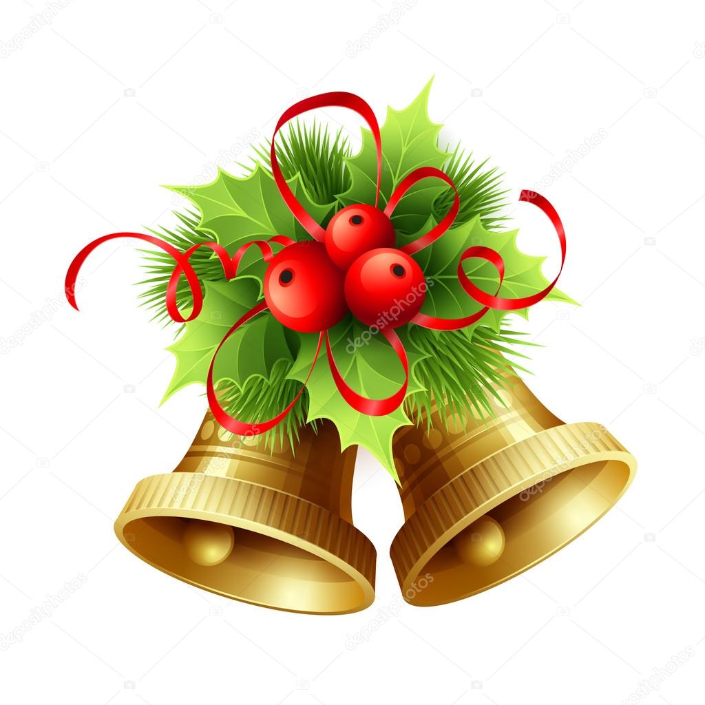 Golden Christmas bells with Holly berries, tinsel and red bow. Vector illustration