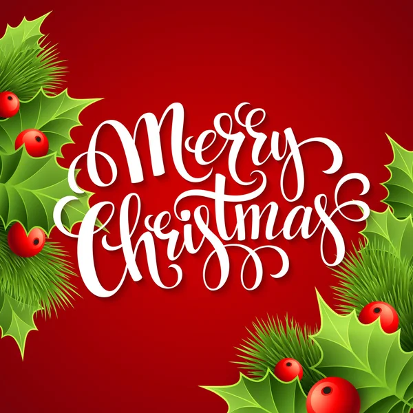 Merry Christmas belettering card met holly. Vectorillustratie — Stockvector