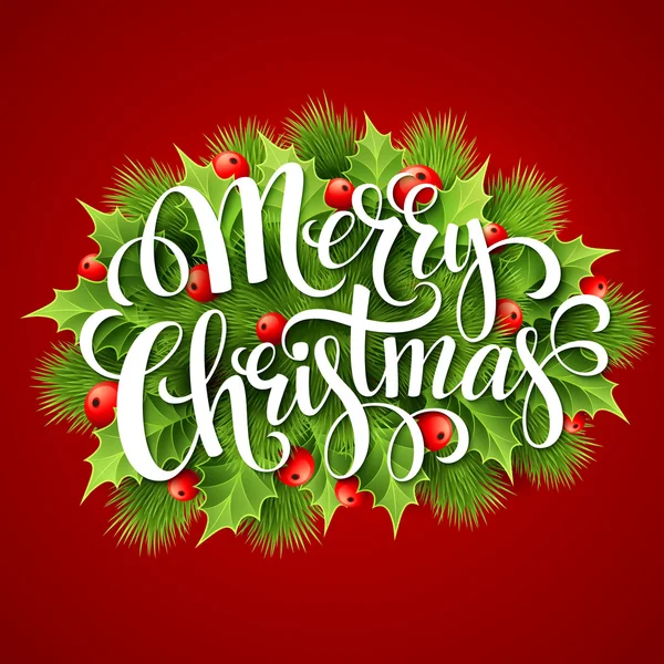 Vidám karácsony betűkkel kártya holly. Vektoros illusztráció — Stock Vector