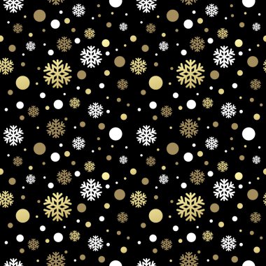 Sorunsuz siyah Noel duvar kağıdı ile beyaz ve altın kar tanesi. Vektör çizim