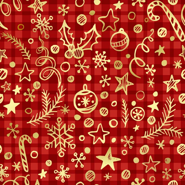 Cgristmas checkered seamless pattern with golden decoration. Vector illustration — ストックベクタ