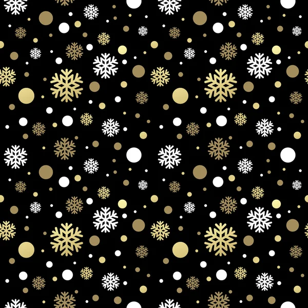 Seamless black christmas wallpaper with white and golden  snowflakes. Vector illustration — Stock Vector