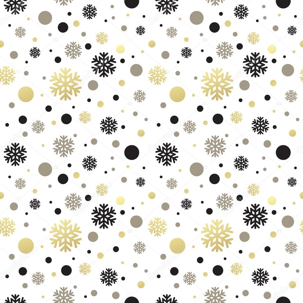 Seamless white christmas wallpaper with black and golden  snowflakes. Vector illustration