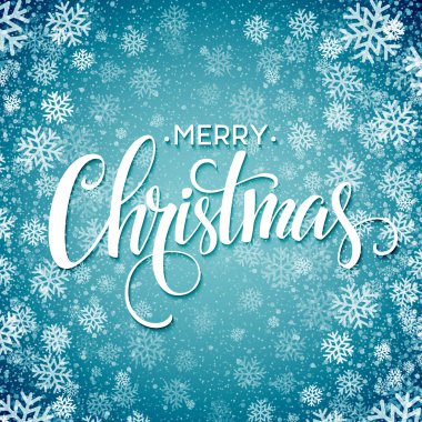 Kar taneleri ile arka plan üzerinde neşeli Noel el yazısı metin. Vektör çizim