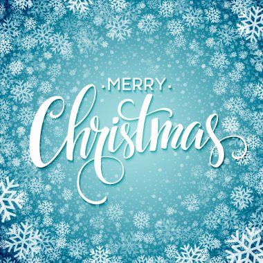 Kar taneleri ile arka plan üzerinde neşeli Noel el yazısı metin. Vektör çizim