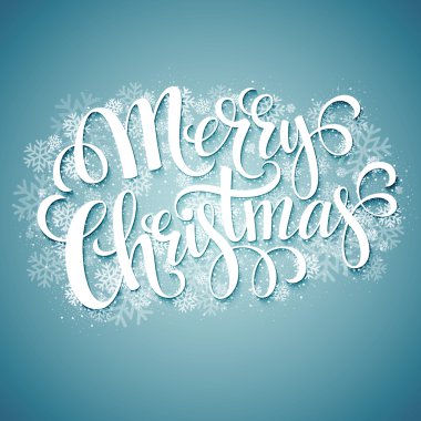 Kar taneleri ile arka plan üzerinde neşeli Noel el yazısı metin. Vektör çizim