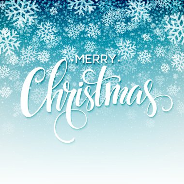 Kar taneleri ile arka plan üzerinde neşeli Noel el yazısı metin. Vektör çizim