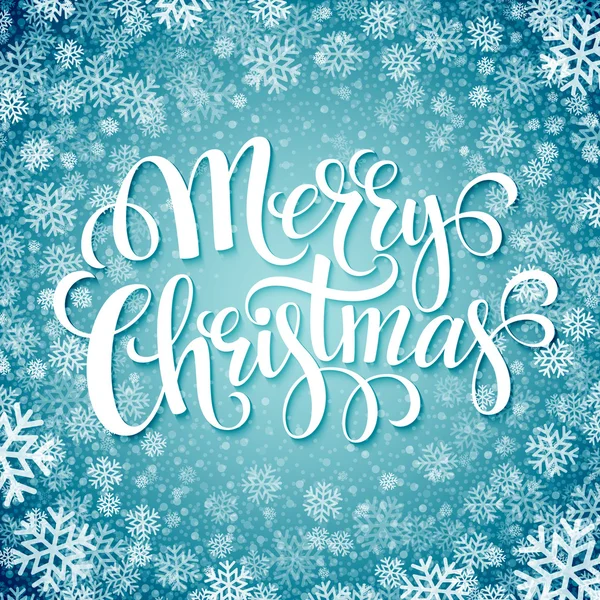 Merry christmas handgeschreven tekst op achtergrond met sneeuwvlokken. Vectorillustratie — Stockvector