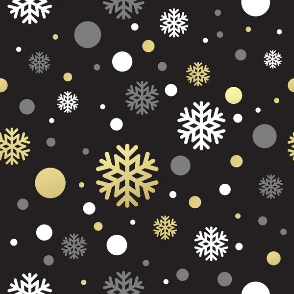 Άνευ ραφής μαύρα Χριστούγεννα ταπετσαρία με λευκό και χρυσή νιφάδες χιονιού. Vector εικονογράφηση — Διανυσματικό Αρχείο