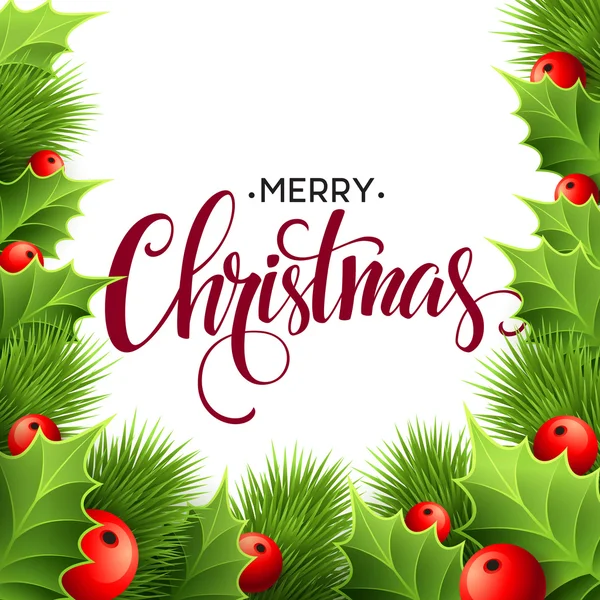 Feliz Navidad tarjeta de letras con acebo. Ilustración vectorial — Vector de stock