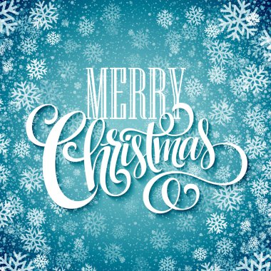 Kar taneleri ile arka plan üzerinde neşeli Noel el yazısı metin. Vektör çizim