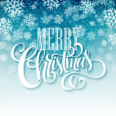 Kar taneleri ile arka plan üzerinde neşeli Noel el yazısı metin. Vektör çizim