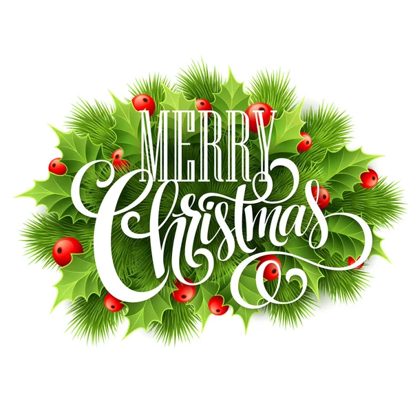 Merry Christmas belettering card met holly. Vectorillustratie — Stockvector