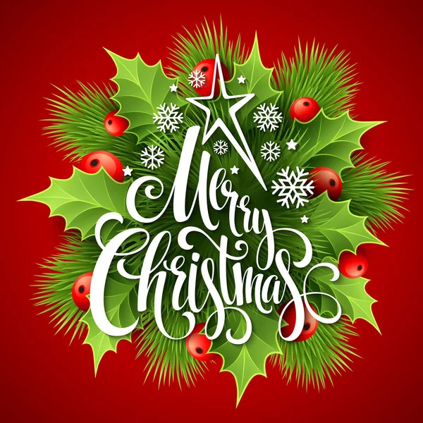 Merry Christmas belettering card met holly. Vectorillustratie — Stockvector