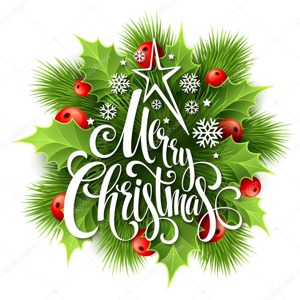 Merry Christmas lettering card with holly. Vector illustration