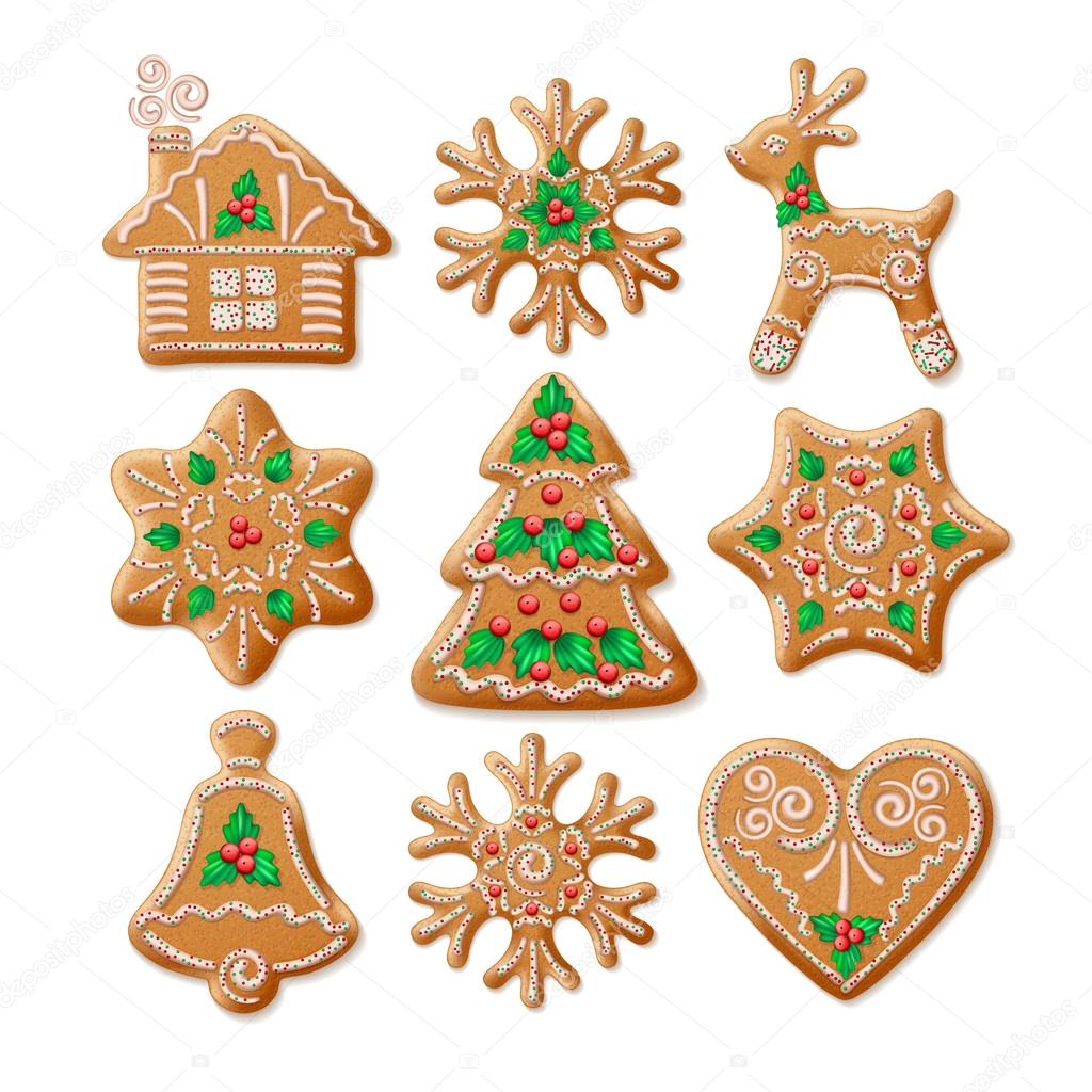 Ornate realistic  set traditional Christmas gingerbread.